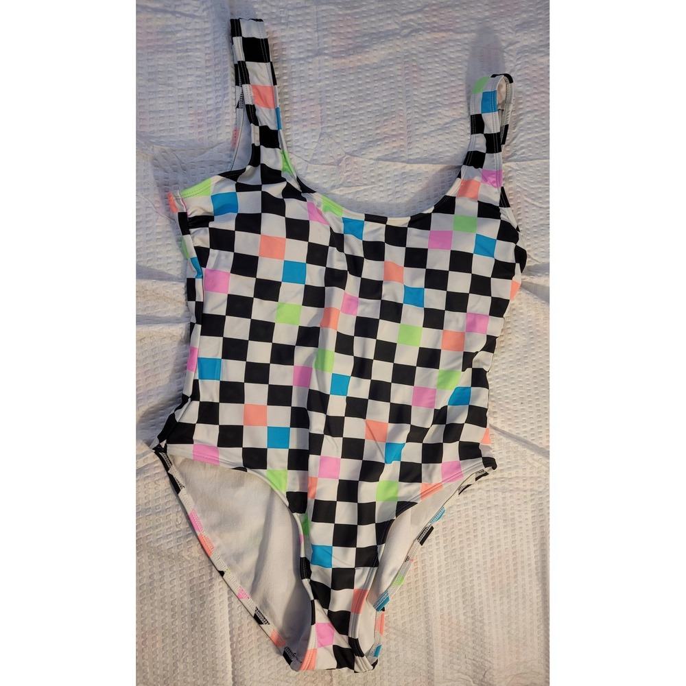 No Boundaries Womens Neon Checkered One Piece Swimsuit Black White Multi Large
